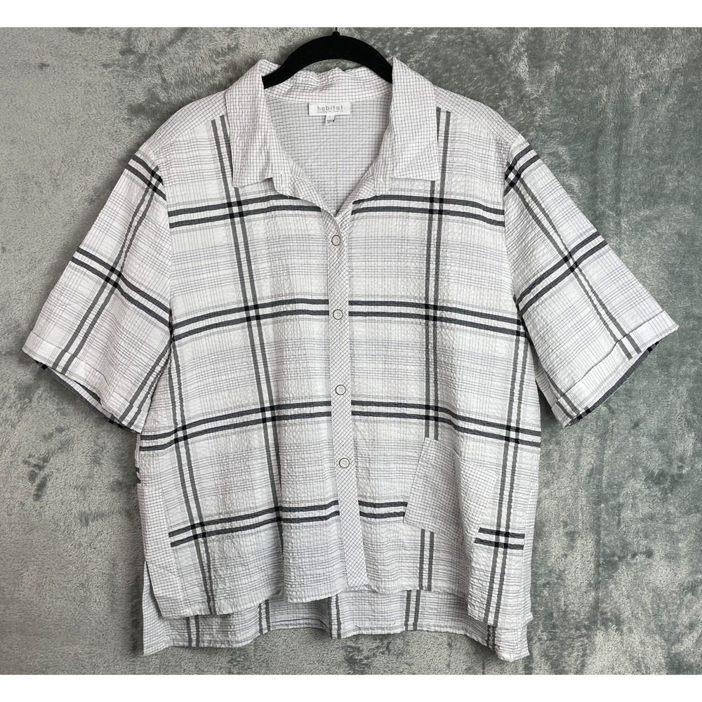 Habitat Top Womens Large White Plaid Seersucker Button Up Pocket Art to Wear